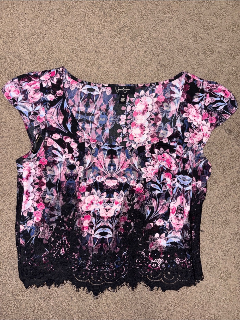 Jessica Simpson Black Pink Floral Lace-Trim Crop Top, Womenβs Size XS.